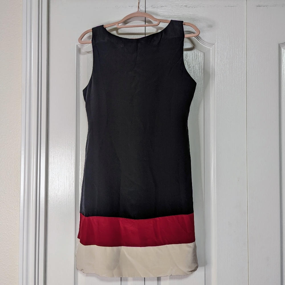 Akiko 100% Silk Sleeveless Black with Red & Cream Strip Sheath Dress, Sz LG